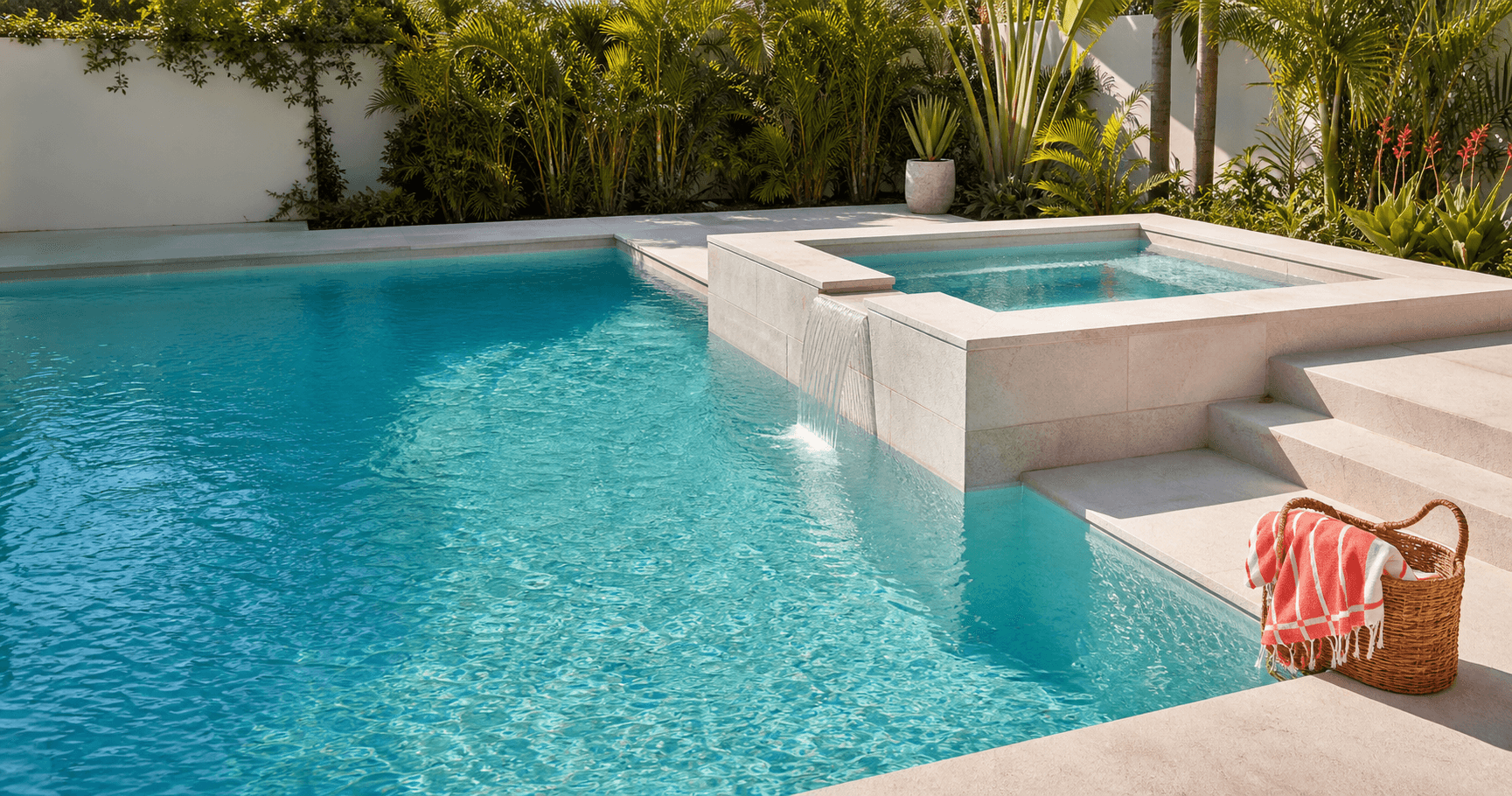 A sunlit turquoise swimming pool with an integrated raised spa