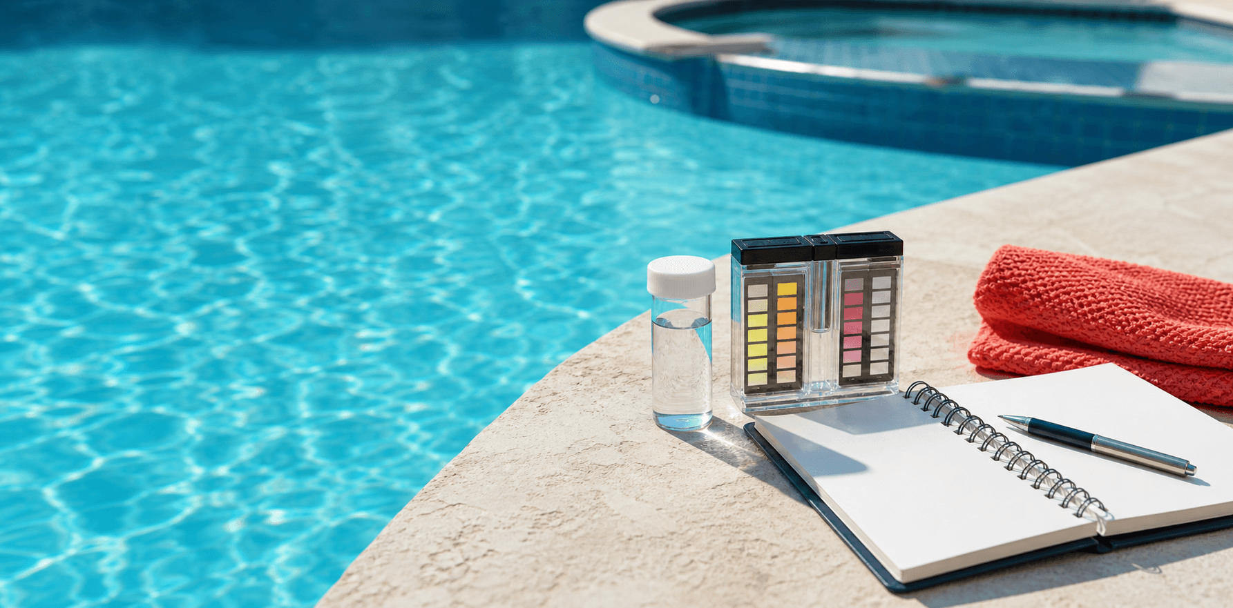 Water testing tools and a blank notebook beside a clear swimming pool